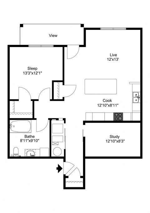 Floor plan for 1 bed, 1 bath, 900 sqft